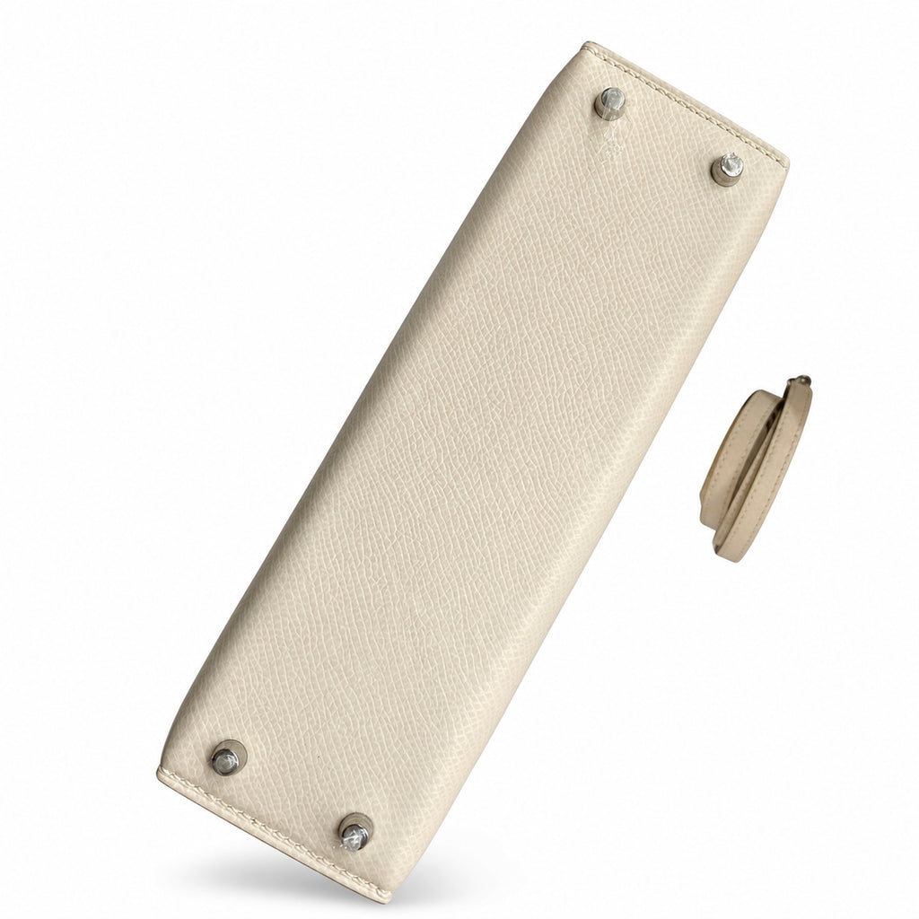 handmade Mini Kelly II 19cm imported Epsom Leather cream White Silver Buckle — Elegant Compact Carry Style