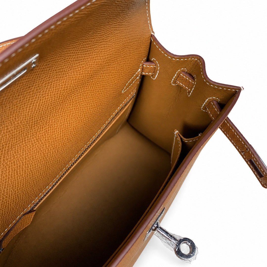 Kelly 25 Golden Brown Silver Buckle Epsom fully handmade wax thread — Sophisticated Carry Design