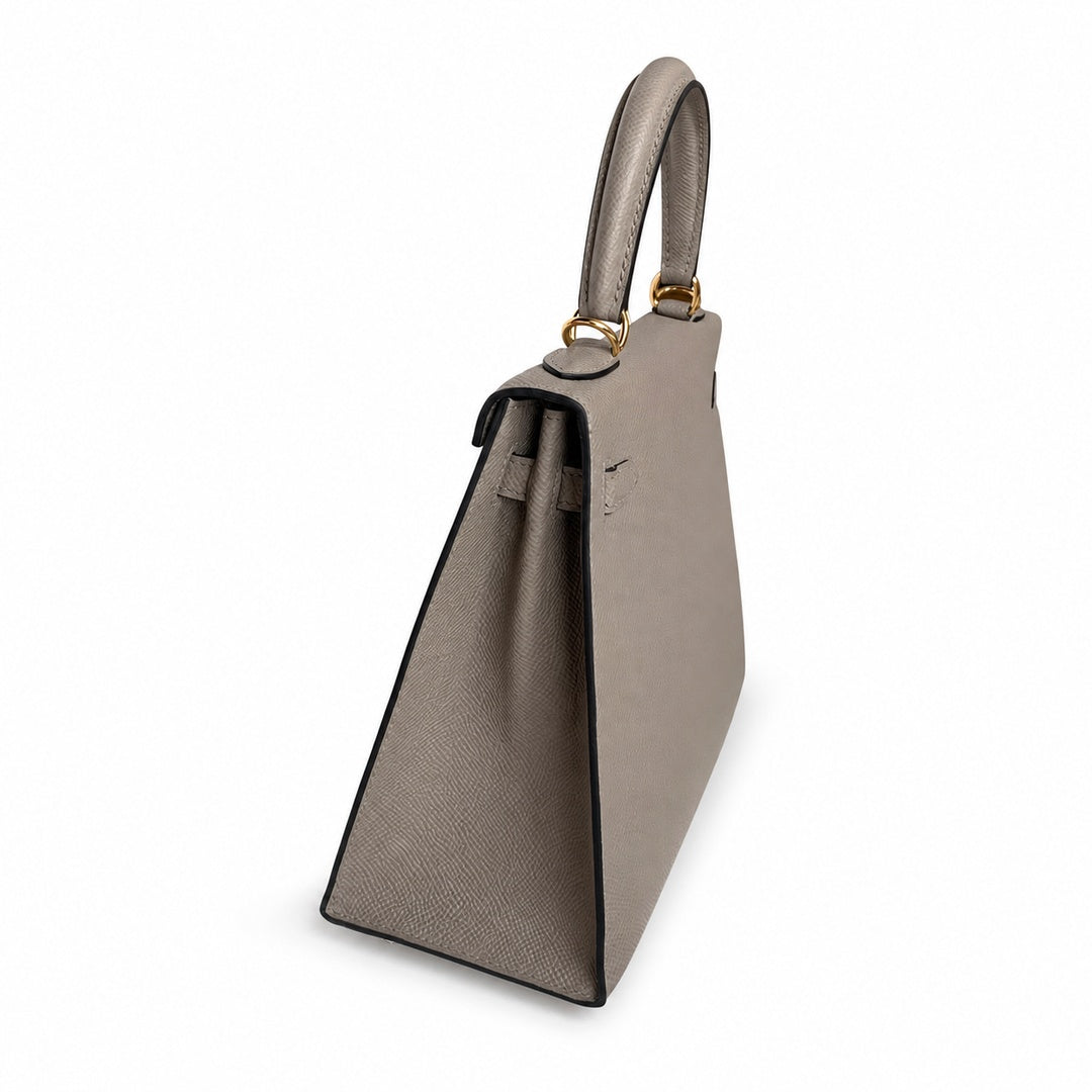 Kelly 25 M8 asphalt gray Gold Buckle Epsom pure handmade wax thread — Refined Top-Handle Bag