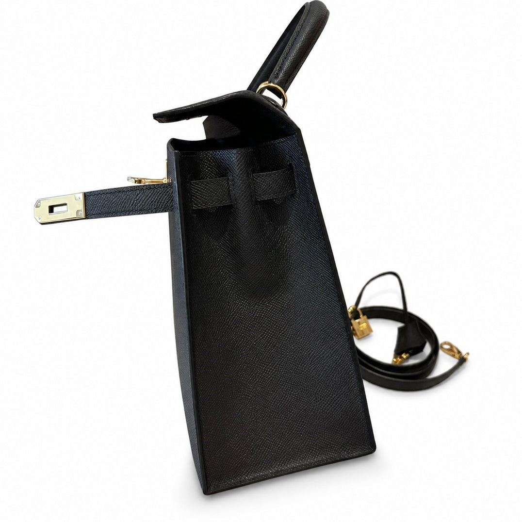 Kelly 32cm in Black Epsom Leather with Gold Buckle Handmade — Distinctive Hand-Carry Bag