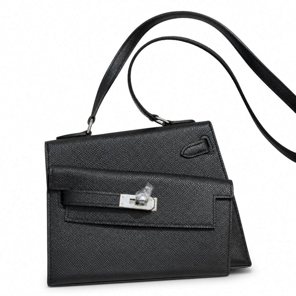 Kelly Double-Sided Epsom Leather in Black with Silver Buckle — Elegant Structured Carry Style