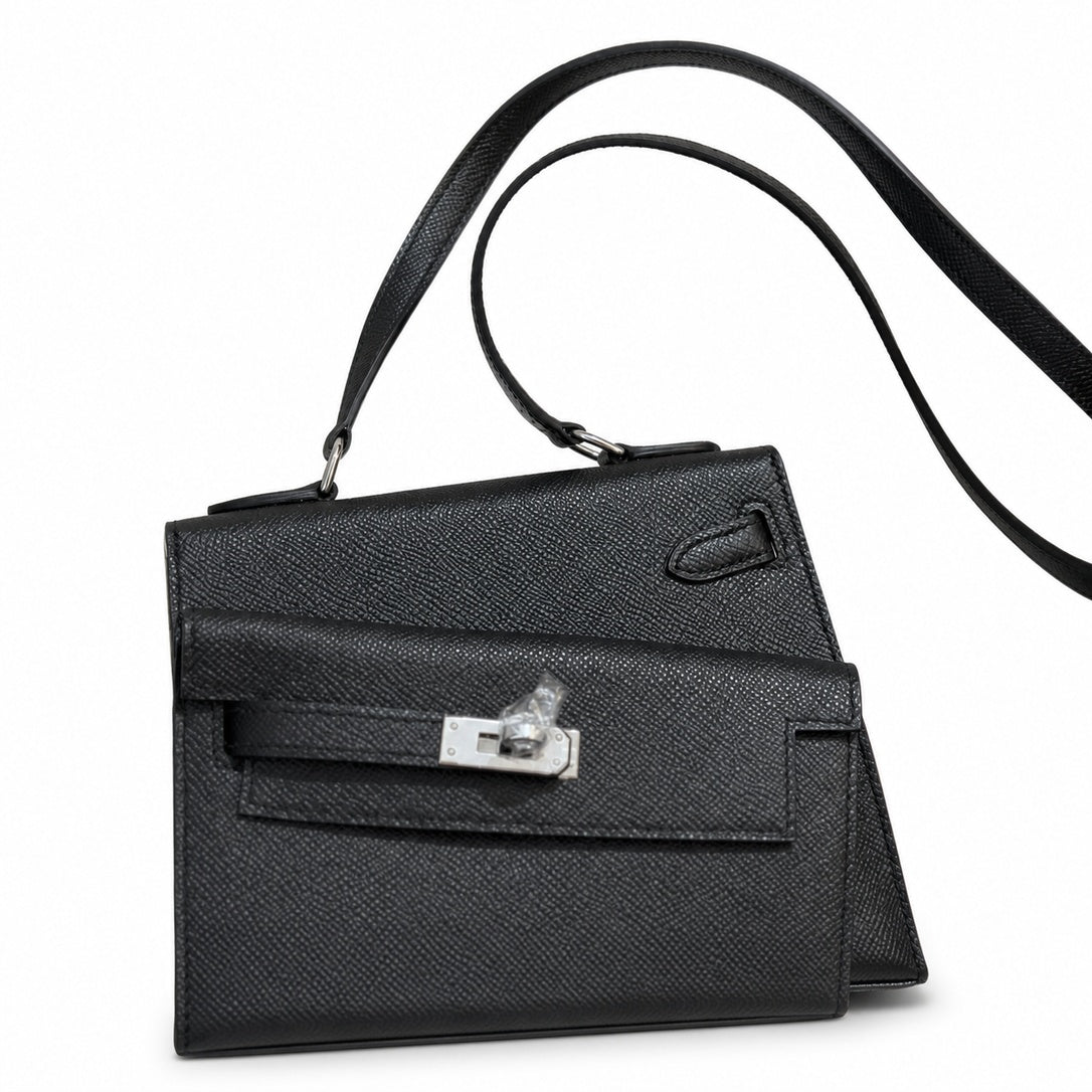 Kelly Double-Sided Epsom Leather in Black with Silver Buckle — Elegant Structured Carry Style