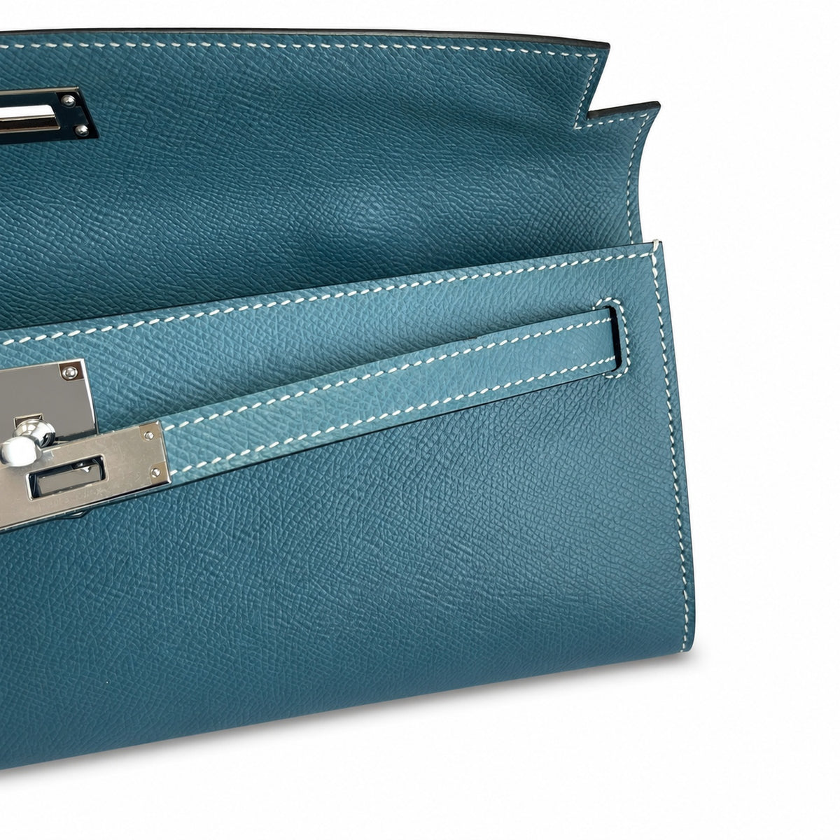 Polished Compact Clutch: Kelly Cut 31 Clutch Epsom Leather Denim Blue