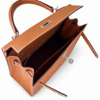 Kelly 25cm in Golden Brown Epsom Leather with Silver Buckle Handmade — Classic Hand-Carry Silhouette