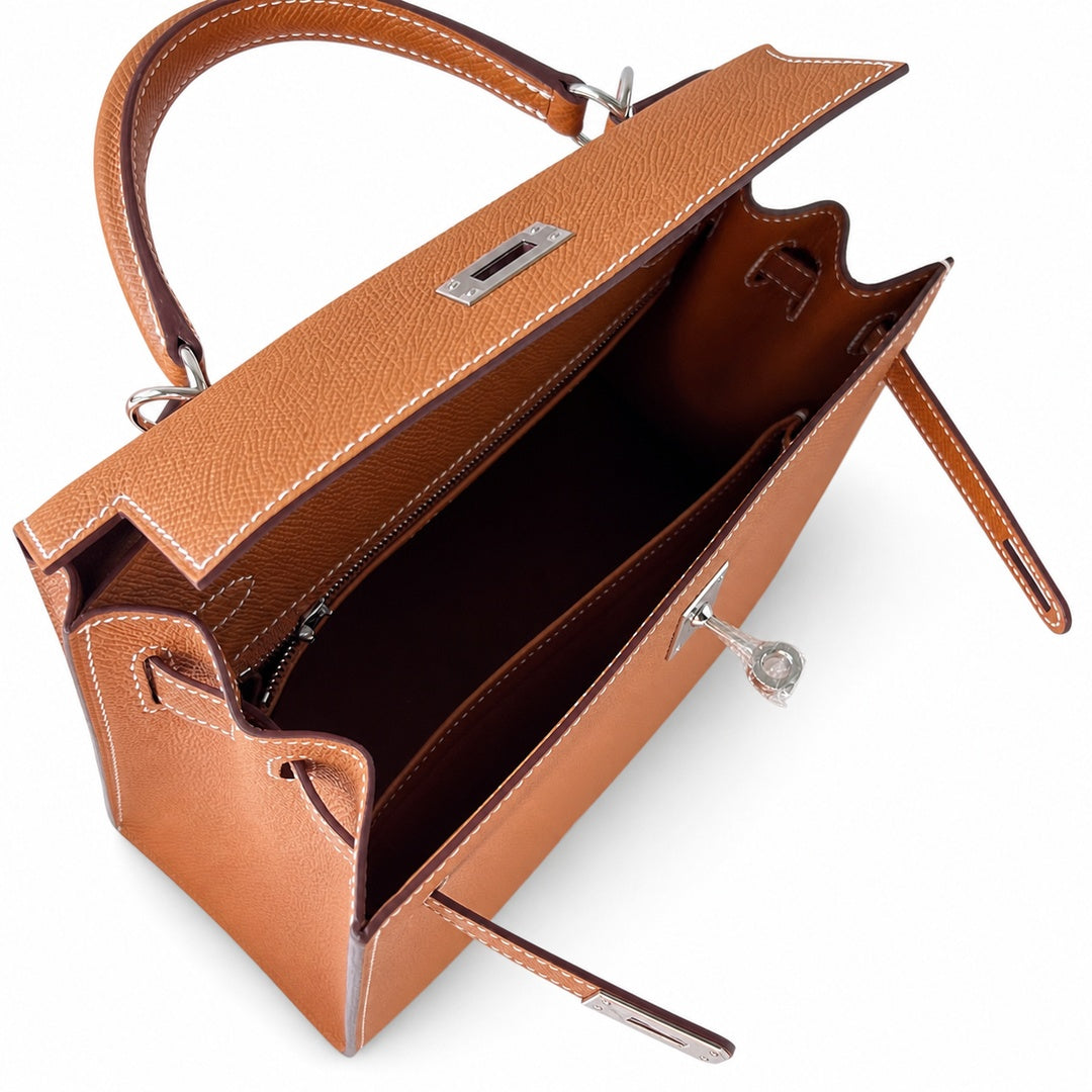 Kelly 25cm in Golden Brown Epsom Leather with Silver Buckle Handmade — Classic Hand-Carry Silhouette