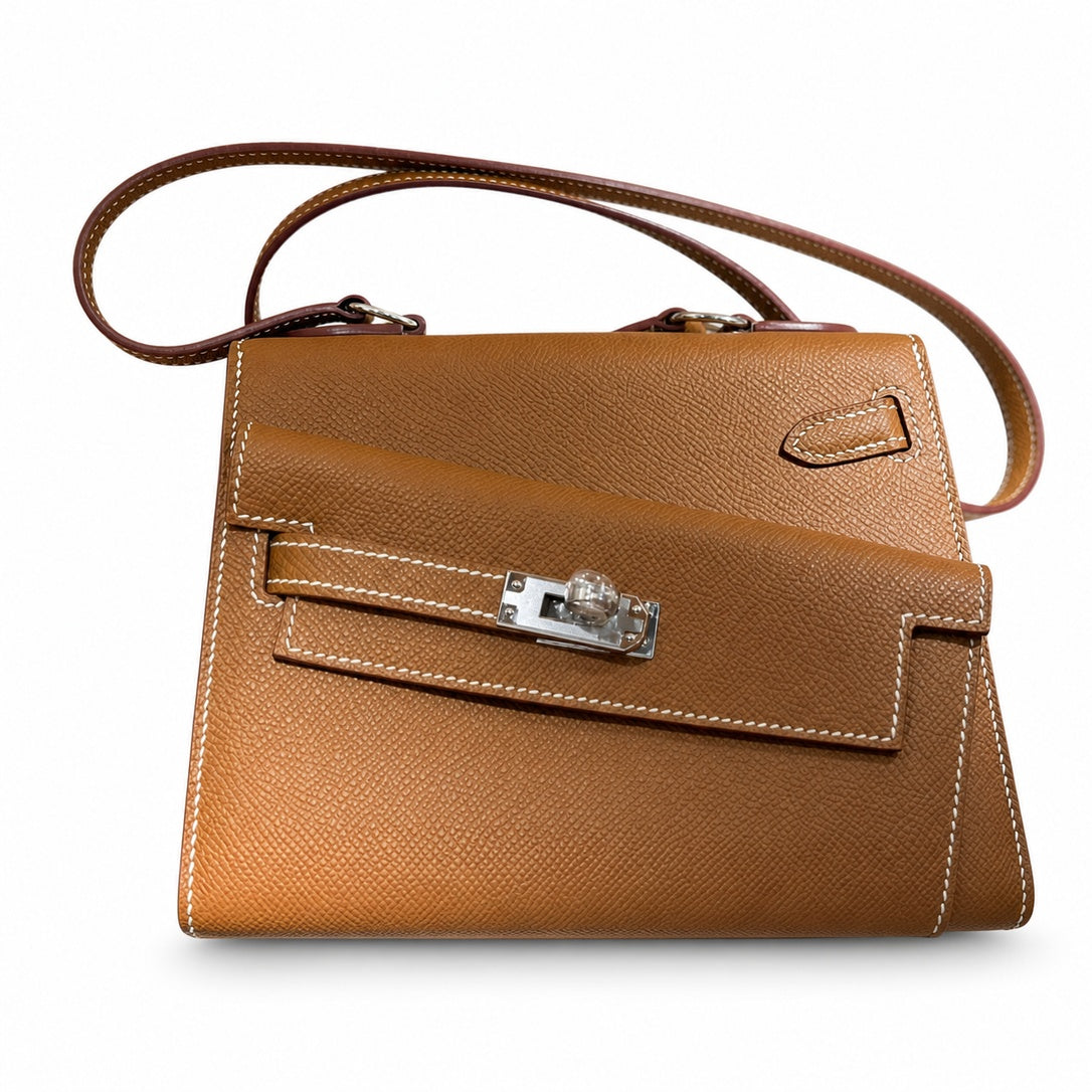 Kelly Double-Sided Epsom Leather in Gold Brown with Silver Buckle — Refined Reversible Carry Design