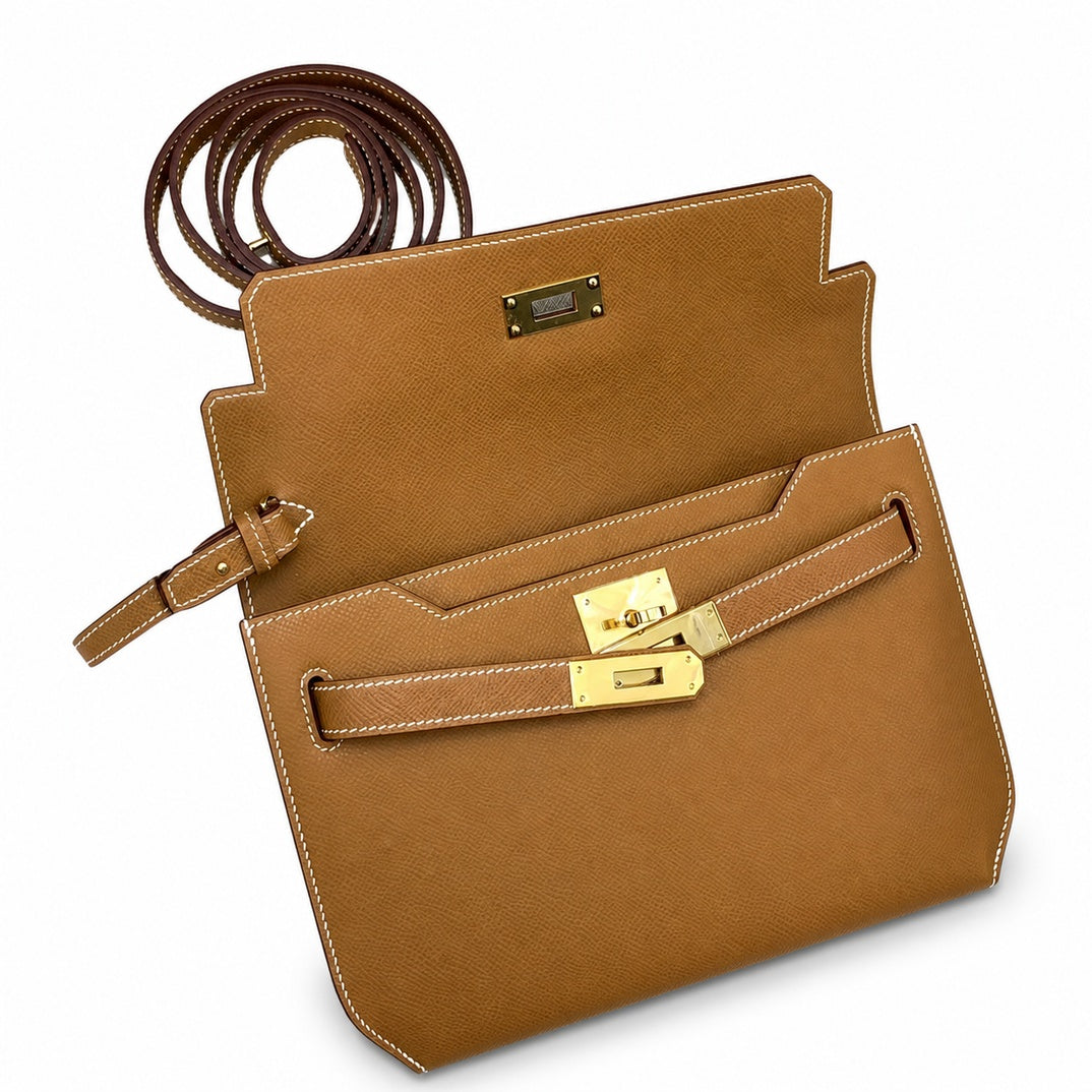 Kelly Depeches 25cm Epsom Leather, 37 Gold Brown, Gold Buckle — Sophisticated Compact Carry