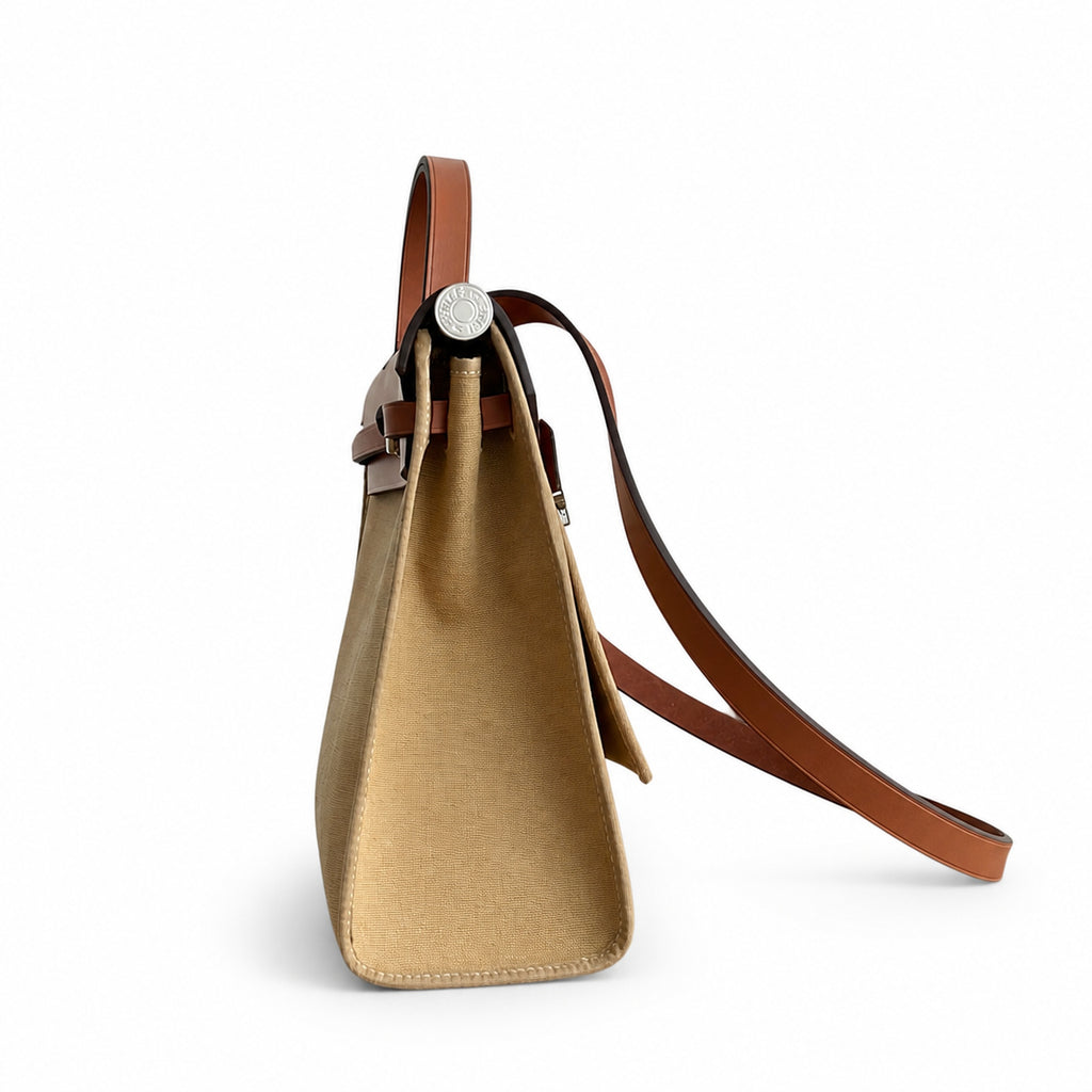Herbag 31cm Saddle-Inspired Canvas Body with Leather Handle and Shoulder Strap — Polished Canvas-and-Leather Handbag