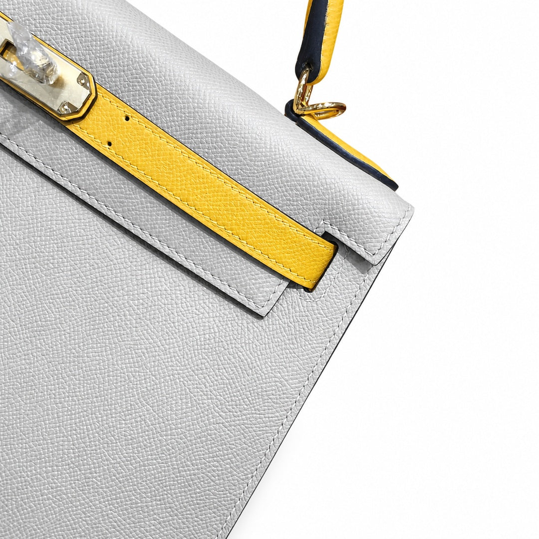 Kelly 28cm Epsom Leather S2 Trench Windbreaker Gray and 9D Jaune Amber Top Handmade — Versatile Structured Bag