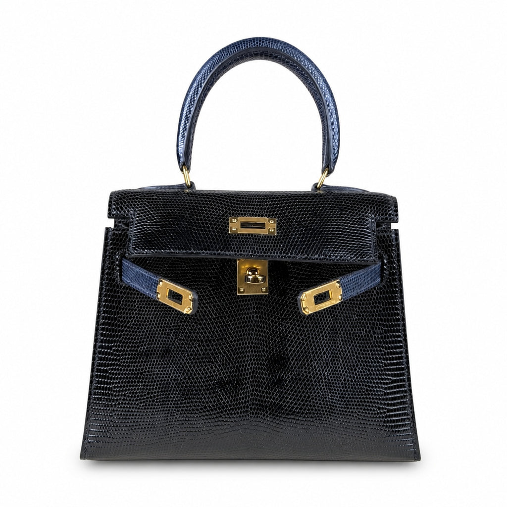 Kelly 20cm in blue lizard Leather Handmade — Structured Top-Handle Handbag