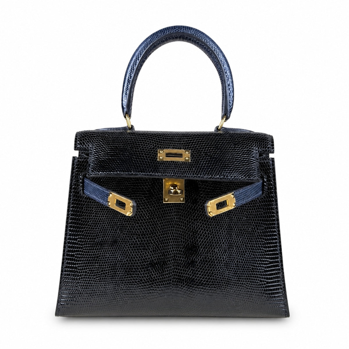 Kelly 20cm in blue lizard Leather Handmade — Structured Top-Handle Handbag