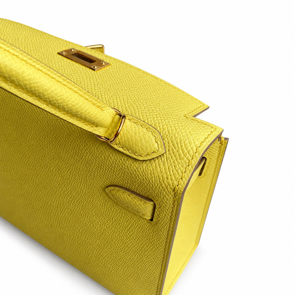 handmade Mini Kelly II 19cm imported Epsom Leather lemon yellow Gold Buckle — Elegant Compact Carry Style