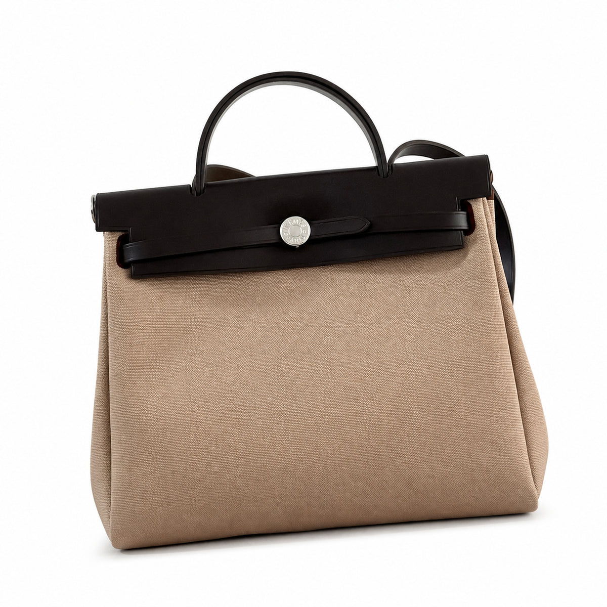 Herbag 31cm Saddle-Inspired Canvas Body with Leather Handle and Shoulder Strap — Canvas-and-Leather Shoulder Bag