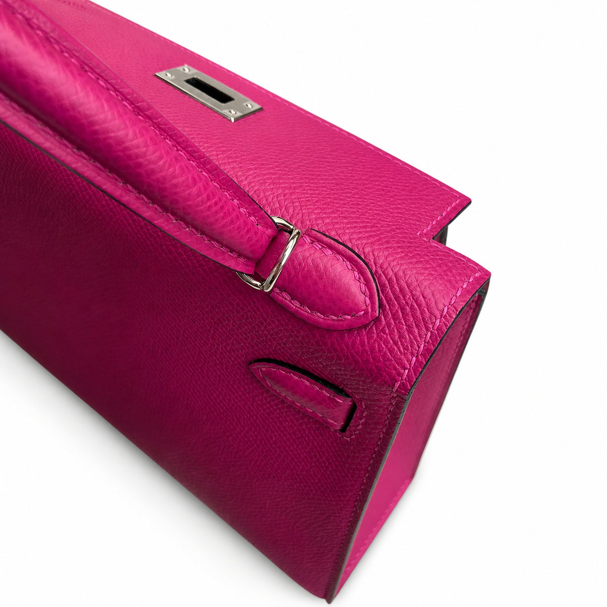handmade Mini Kelly II 19cm imported Epsom Leather Rose Purple Silver Buckle — Compact Top-Handle Bag