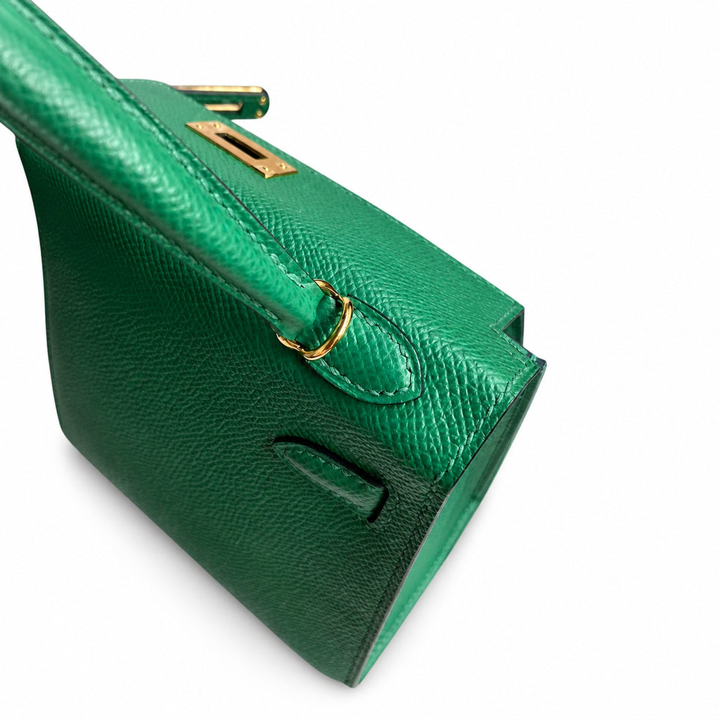 handmade Mini Kelly II 19cm imported Epsom Leather Velvet Green Gold Buckle — Distinctive Petite Bag