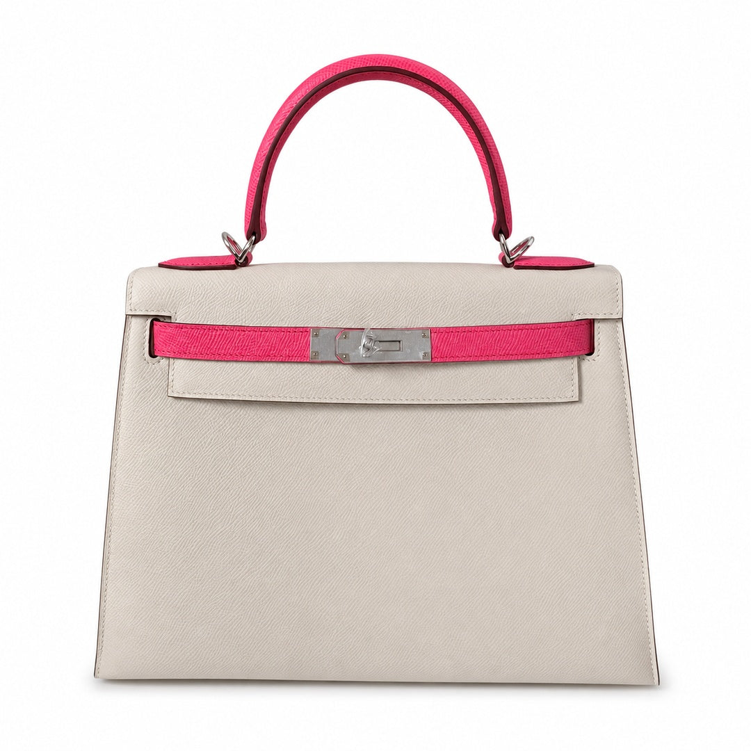 Kelly 25 Milkshake White lipstick powder Epsom Silver Buckle handmade — Timeless Top-Handle Design