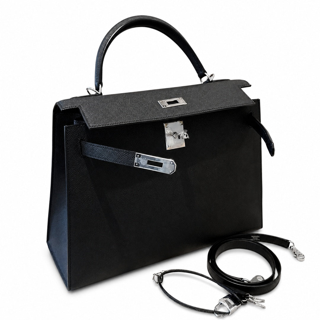 Kelly 32cm in Black Epsom Leather with Silver Buckle Handmade — Timeless Top-Handle Design