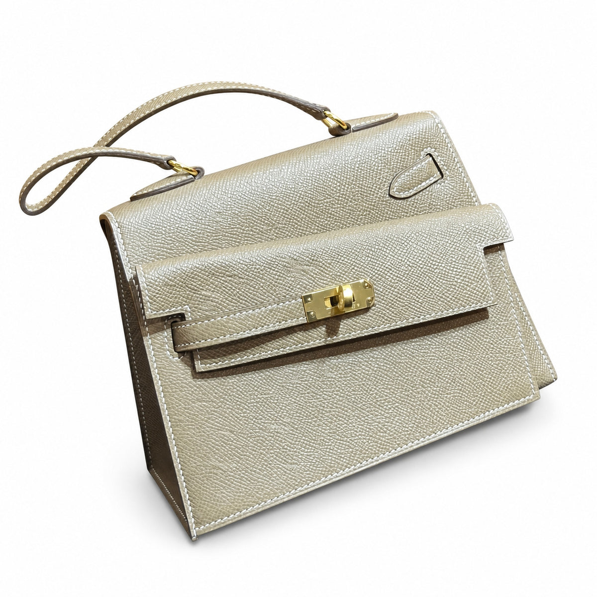 Double-sided Kelly DESORDRE original Epsom Leather etoupe gray Elephant Gray order — Polished Two-Sided Top-Handle Bag