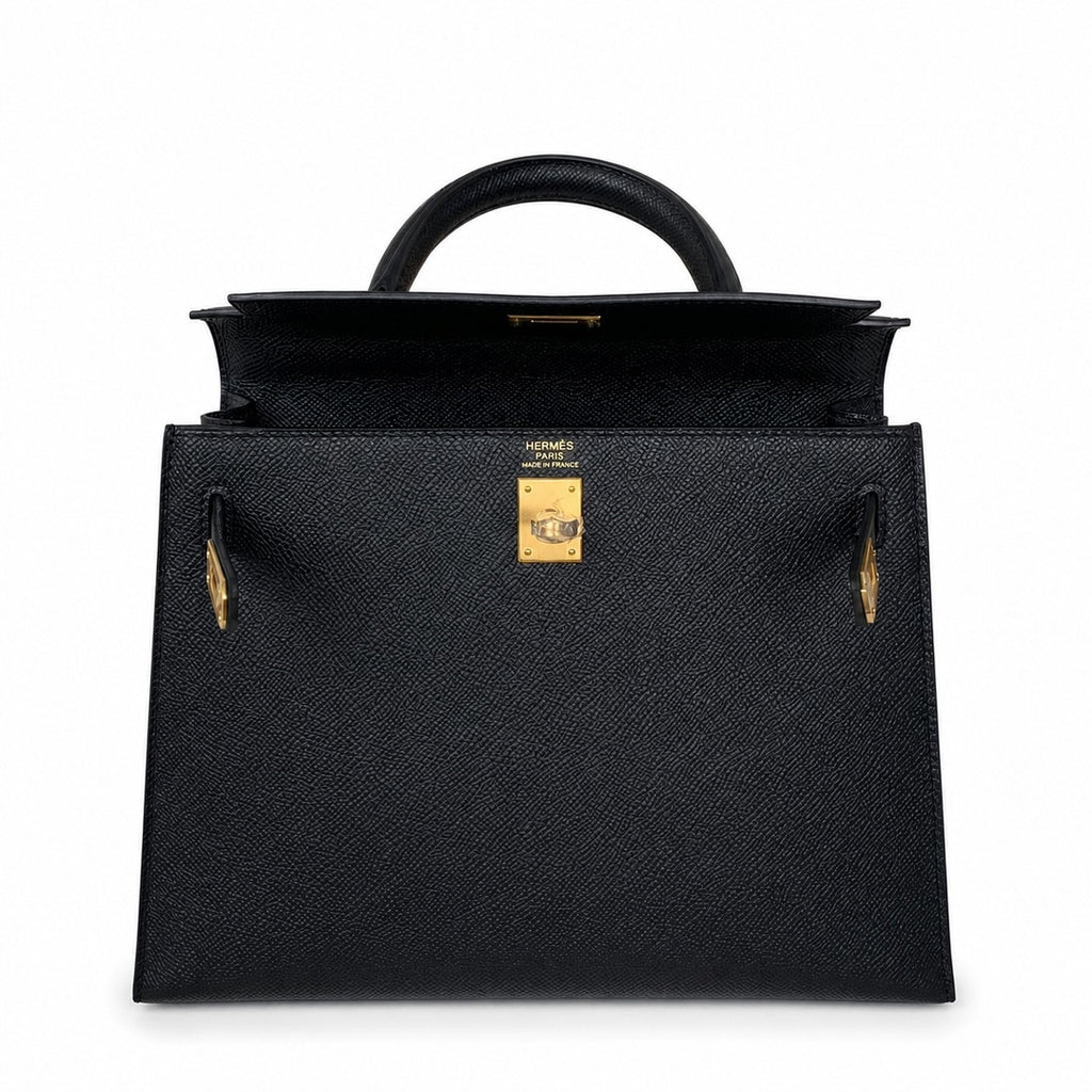 Kelly 25 Black Epsom Gold Buckle, fully handmade with wax thread — Polished Structured Handbag