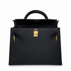Kelly 25 Black Epsom Gold Buckle, fully handmade with wax thread — Polished Structured Handbag