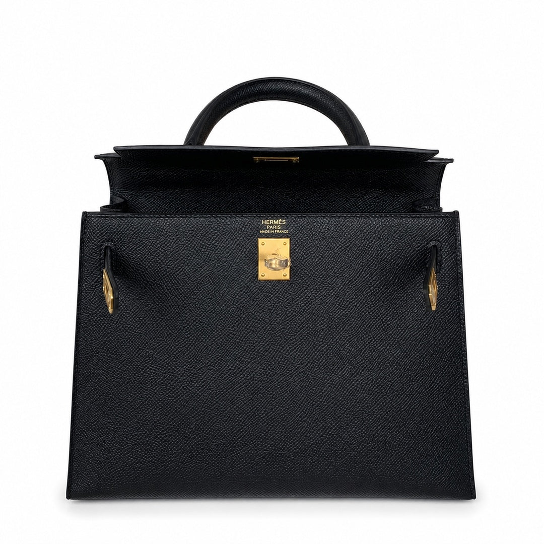 Kelly 25 Black Epsom Gold Buckle, fully handmade with wax thread — Polished Structured Handbag
