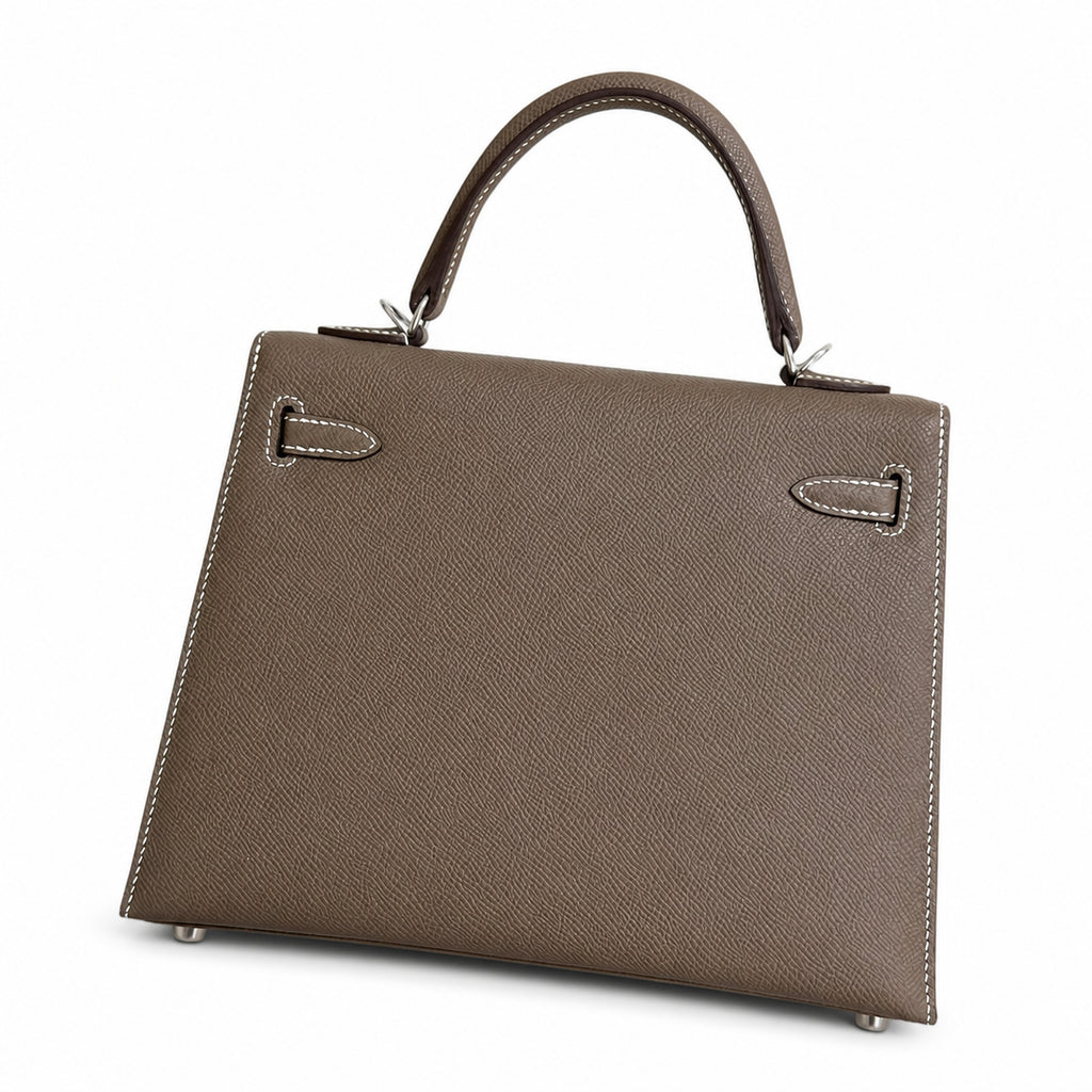 Elephant Gray, Gold and Silver buckles, Kelly 25, imported Epsom — Structured Top-Handle Handbag