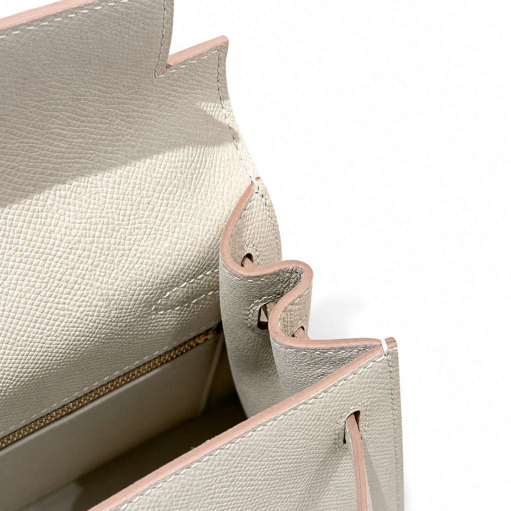 Kelly 25cm in Milkshake White Epsom Leather with Gold Buckle Handmade — Refined Top-Handle Bag