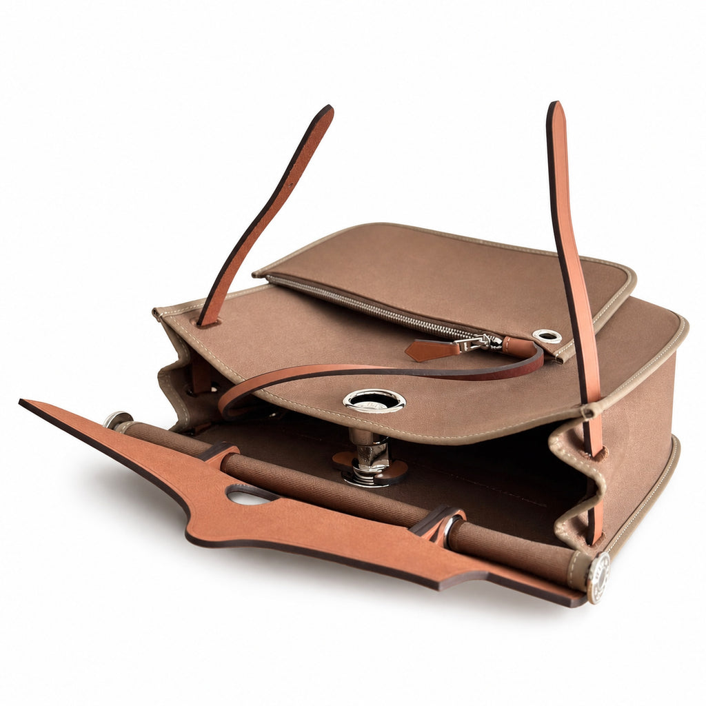 Herbag 31cm Saddle-Inspired Canvas Body with Leather Handle and Shoulder Strap — Distinctive Canvas Carry Style