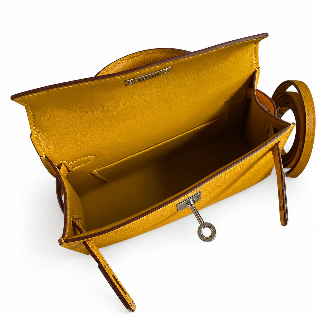 handmade Mini Kelly II 19cm imported Epsom Leather amber yellow Silver Buckle — Elegant Compact Carry Style