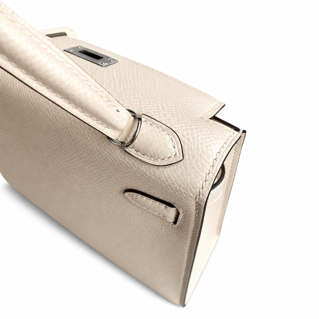 handmade Mini Kelly II 19cm imported Epsom Leather cream White Silver Buckle — Elegant Compact Carry Style