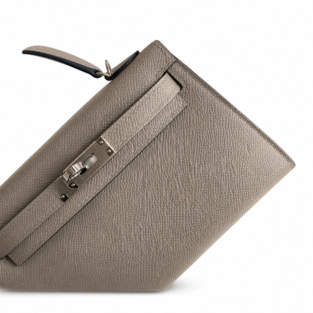 handmade Mini Kelly II 19cm imported Epsom Leather asphalt gray Silver Buckle — Versatile Mini Carry Design