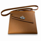 Kelly Double-Sided Epsom Leather in Gold Brown with Silver Buckle — Refined Reversible Carry Design