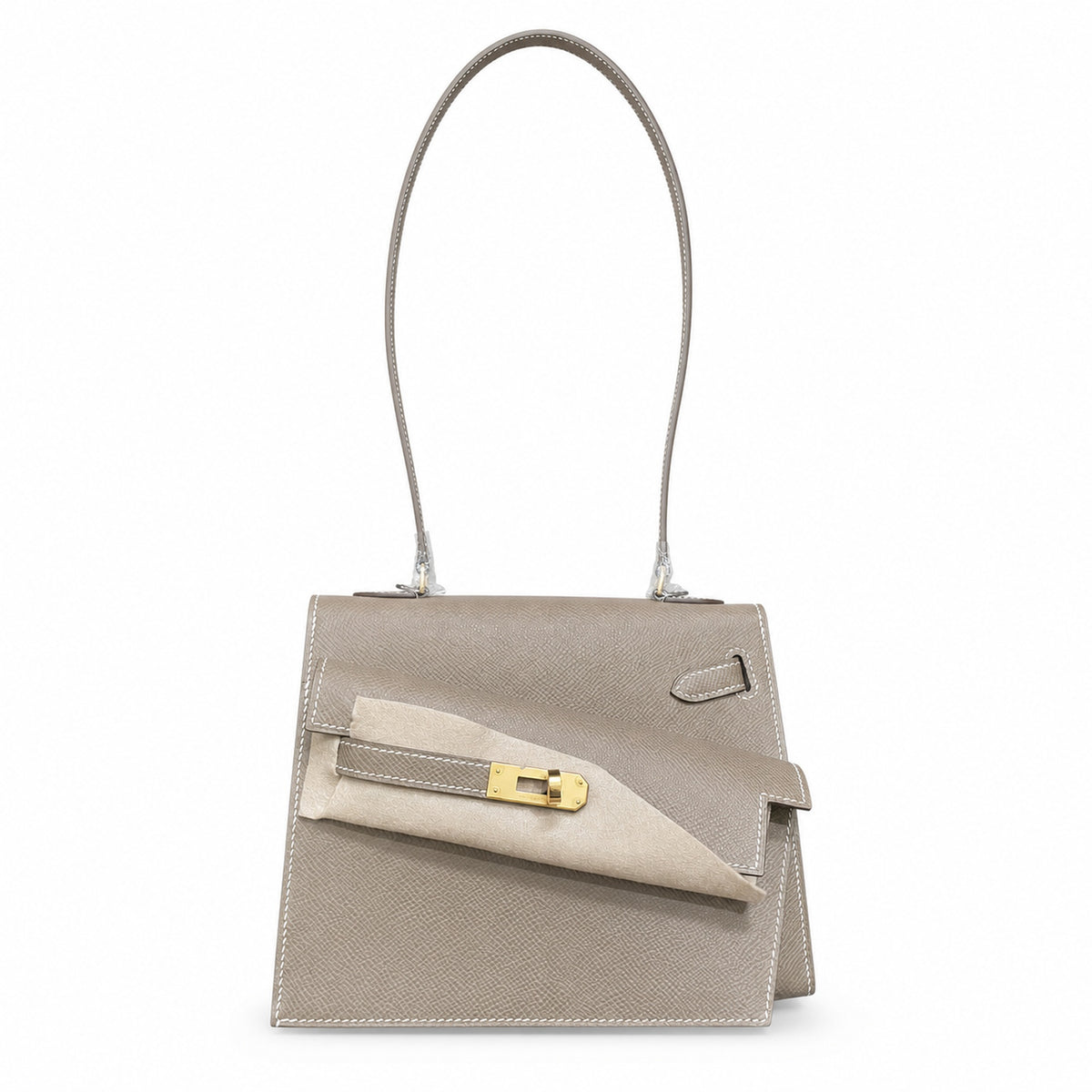 Kelly Desordre 20cm Sellier double-sided Epsom original palm print leather ck18 Elephant Gray Etoupe Gold Buckle GHw top hand sewing — Elegant Structured Carry Style