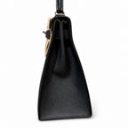 Timeless Top-Handle Design: Kelly 32cm in Black Epsom Leather with Silver Buckle Handmade