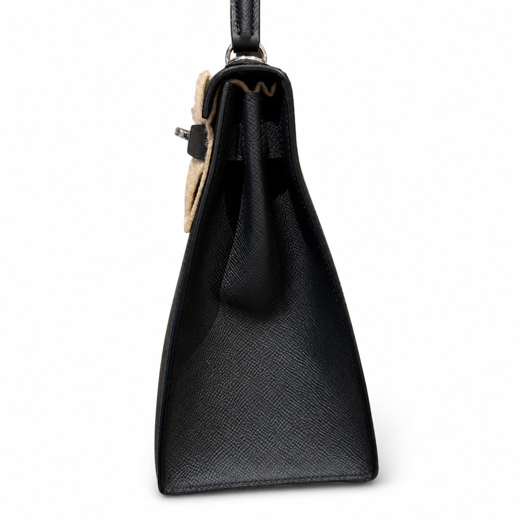 Timeless Top-Handle Design: Kelly 32cm in Black Epsom Leather with Silver Buckle Handmade