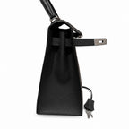 Timeless Top-Handle Design: Kelly 32cm in Black Epsom Leather with Silver Buckle Handmade
