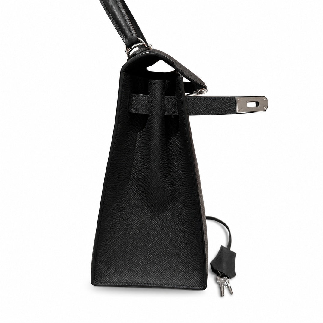 Timeless Top-Handle Design: Kelly 32cm in Black Epsom Leather with Silver Buckle Handmade