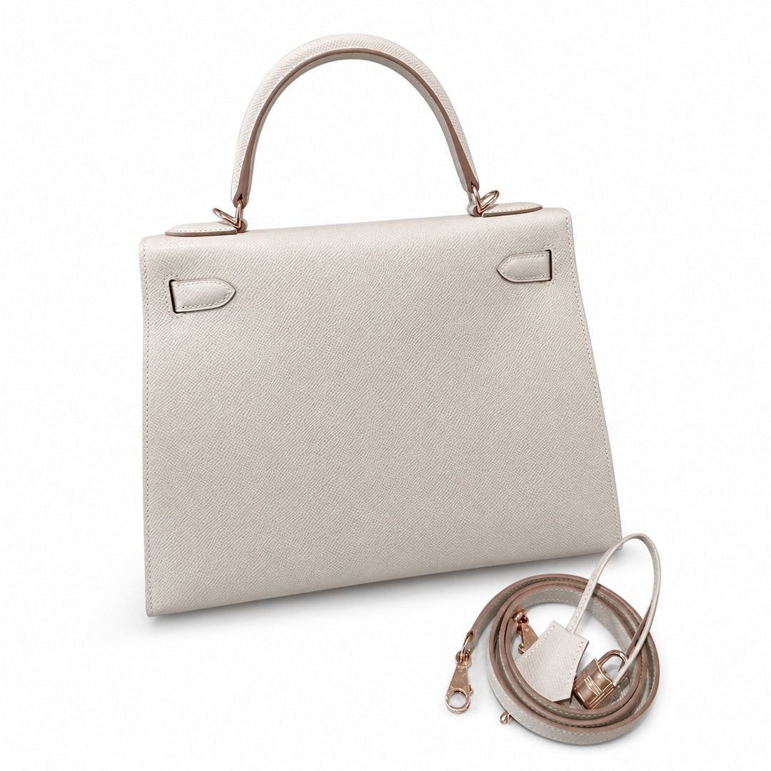 Kelly 28cm in Milkshake White Epsom Leather with Rose Gold Buckle Handmade — Polished Structured Handbag