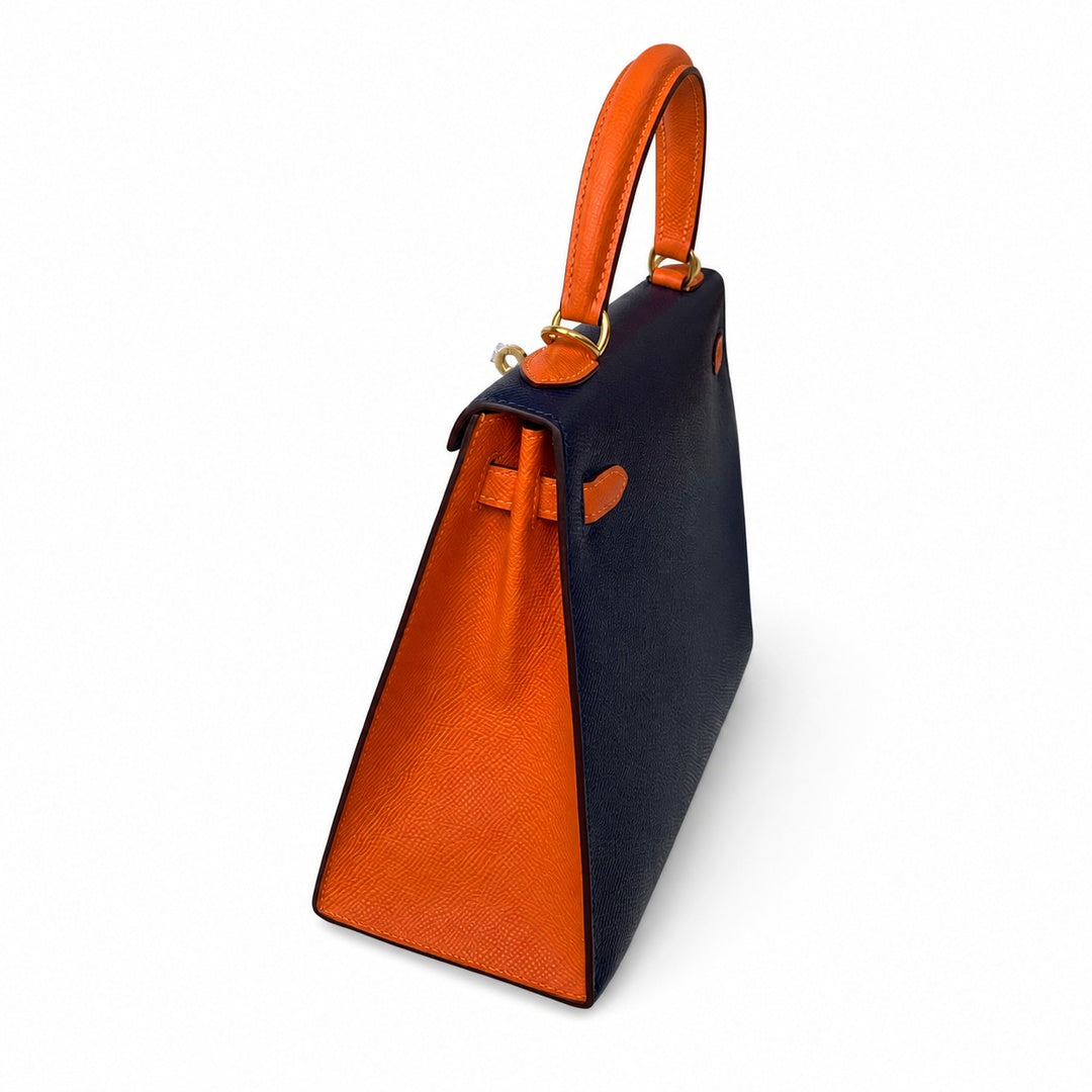 Kelly 25 sapphire blue with classic orange Epsom frosted Gold Buckle handmade — Elegant Structured Carry Style