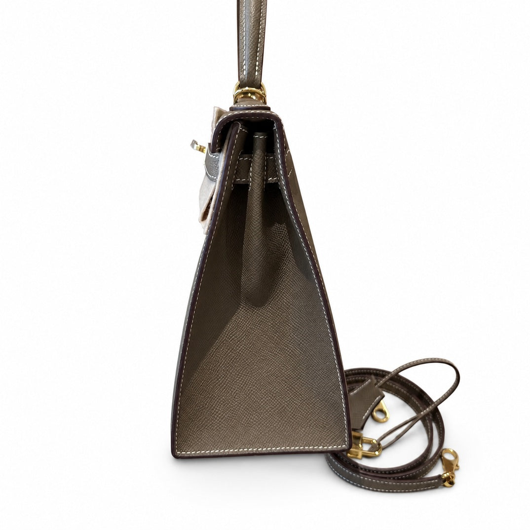 Kelly 28cm in Elephant Gray Epsom Leather with Gold Buckle Handmade — Versatile Structured Bag