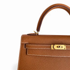 Kelly 25 Golden Brown Gold Buckle Epsom pure hand sewing wax thread — Streamlined Top-Handle Handbag