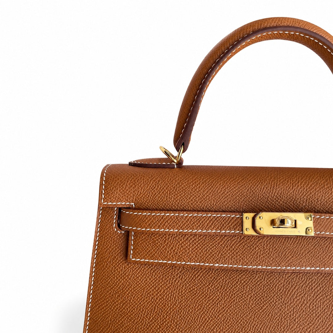 Kelly 25 Golden Brown Gold Buckle Epsom pure hand sewing wax thread — Streamlined Top-Handle Handbag