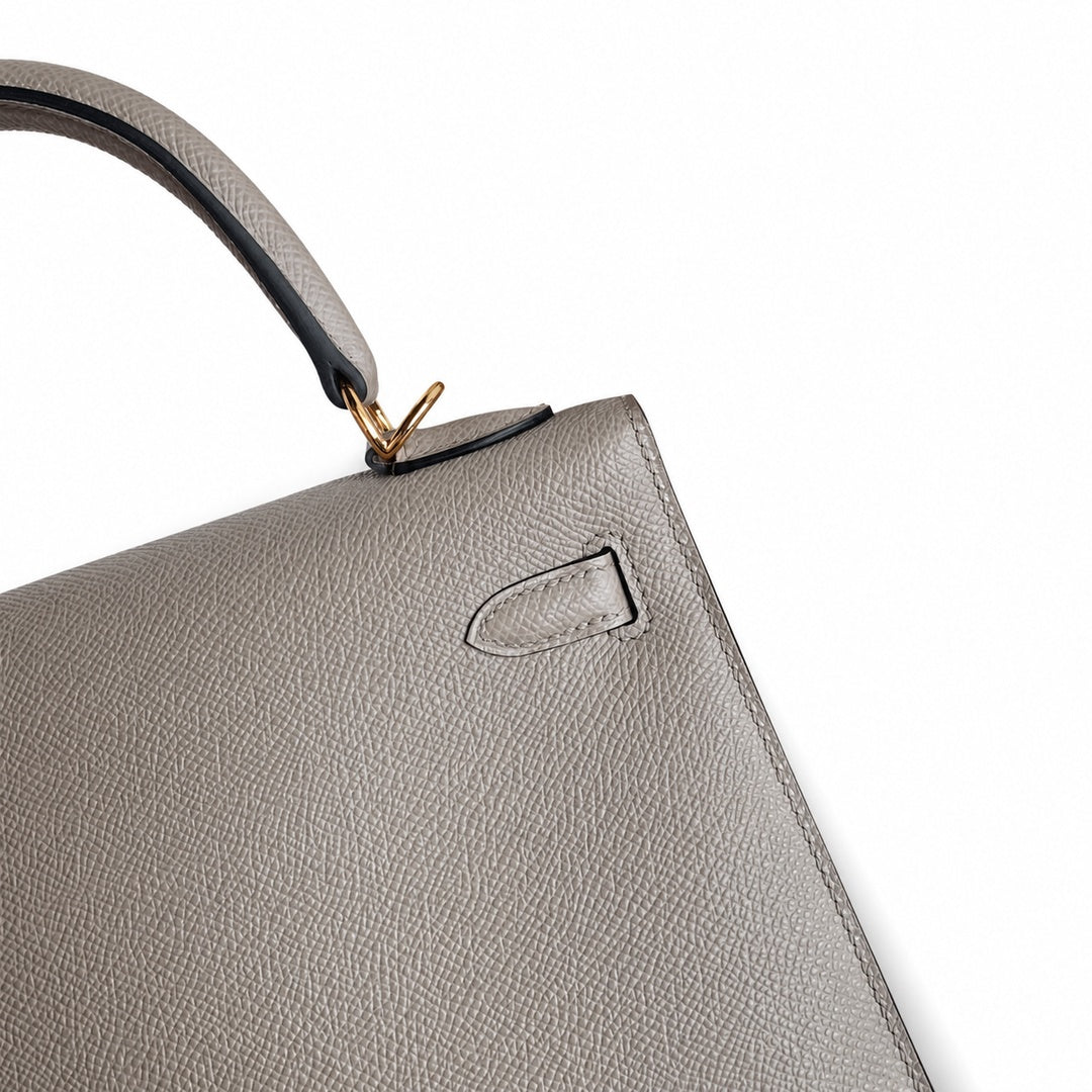 Kelly 25 M8 asphalt gray Gold Buckle Epsom pure handmade wax thread — Refined Top-Handle Bag