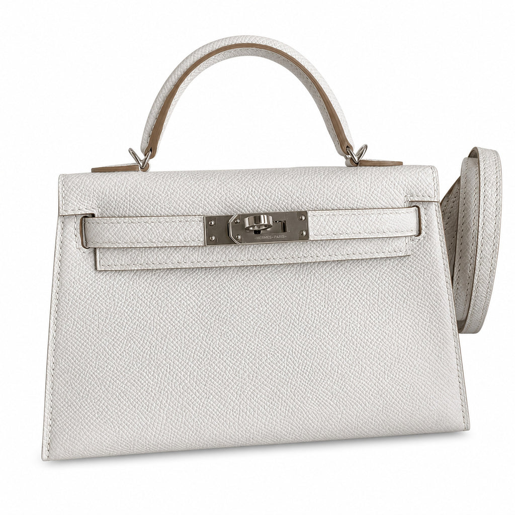 handmade Mini Kelly II 19cm imported Epsom Leather M4 milk gray Silver Buckle — Elegant Compact Carry Style