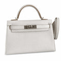handmade Mini Kelly II 19cm imported Epsom Leather M4 milk gray Silver Buckle — Elegant Compact Carry Style