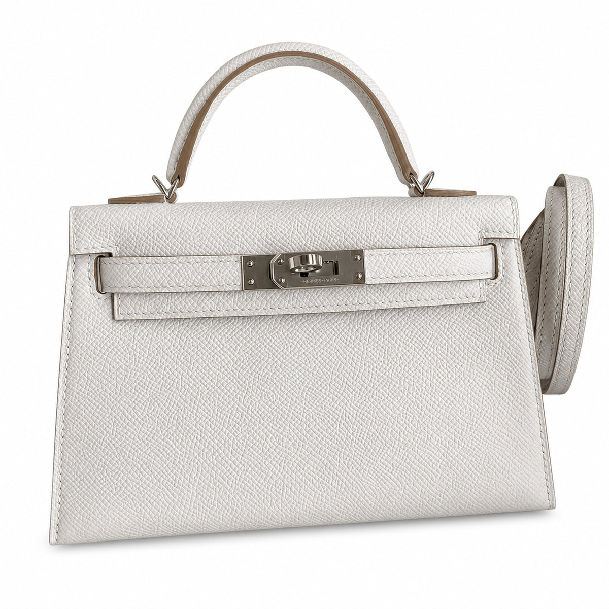 handmade Mini Kelly II 19cm imported Epsom Leather M4 milk gray Silver Buckle — Elegant Compact Carry Style