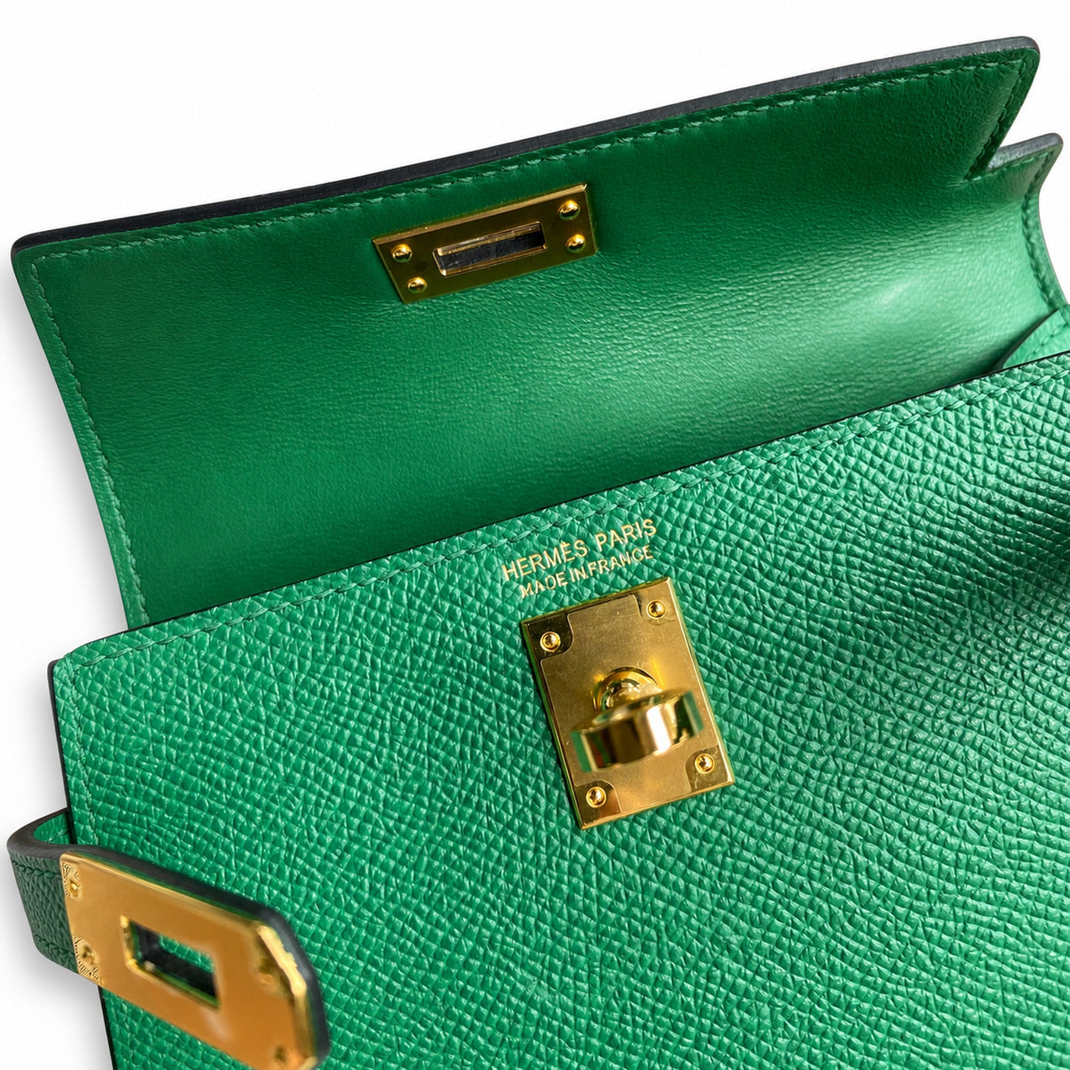 handmade Mini Kelly II 19cm imported Epsom Leather Velvet Green Gold Buckle — Distinctive Petite Bag