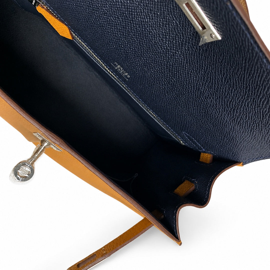 Kelly in Blue Epsom Leather with Silver Buckle Handmade — Polished Structured Handbag