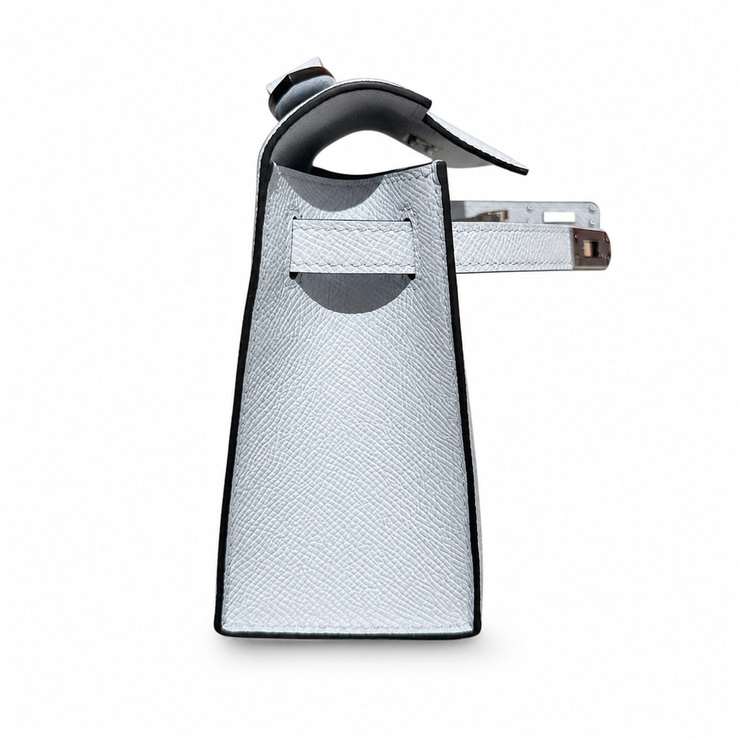 Mini Kelly 22cm in Bleu Brume Epsom Leather with Silver Buckle — Elegant Compact Carry Style