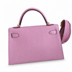 handmade Mini Kelly II 19cm imported Epsom Leather, malva purple, Gold Buckle — Polished Compact Handbag